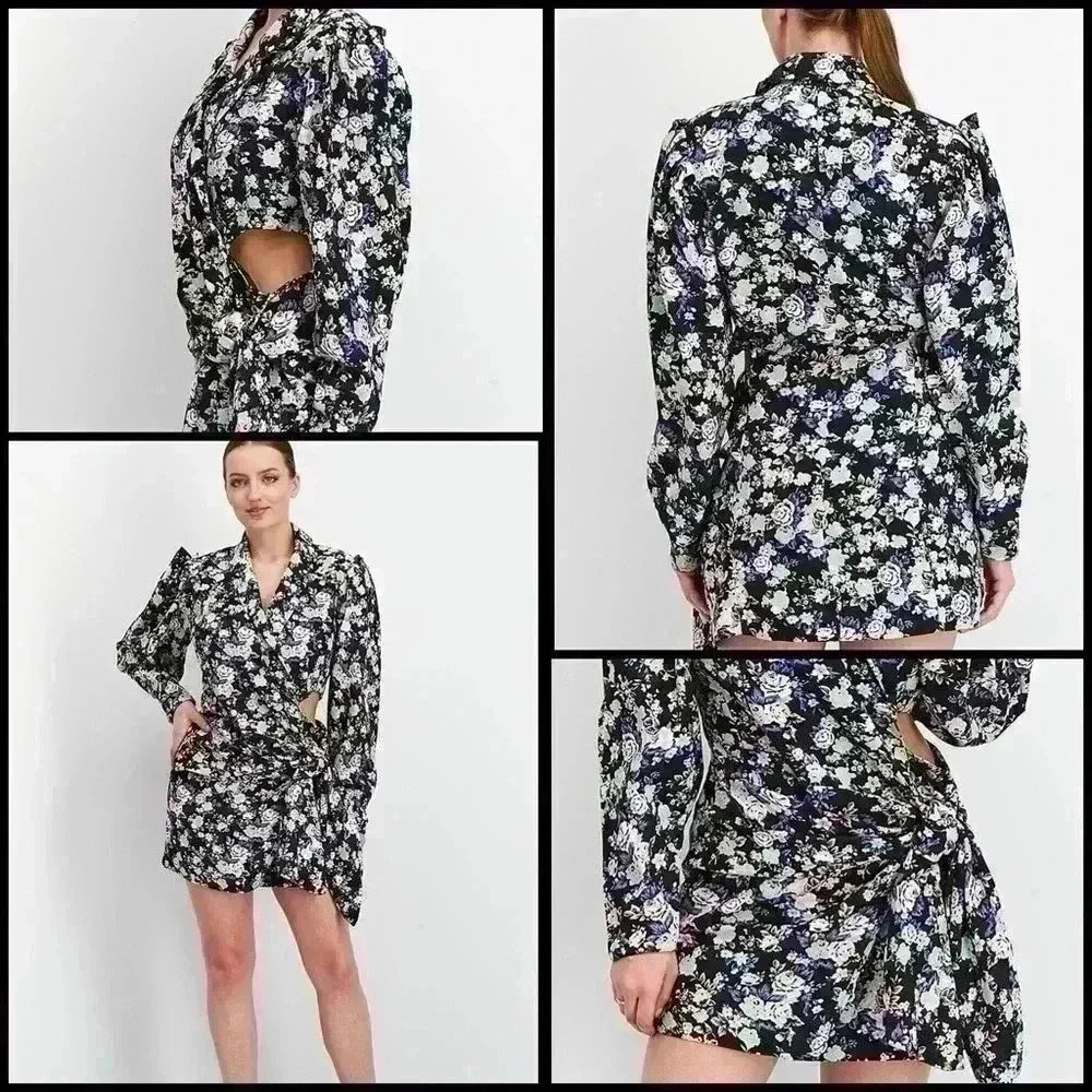 ASOS  Floral Print Long Sleeves Tie Front Wrap Blazer Cutout Dress, Size 10